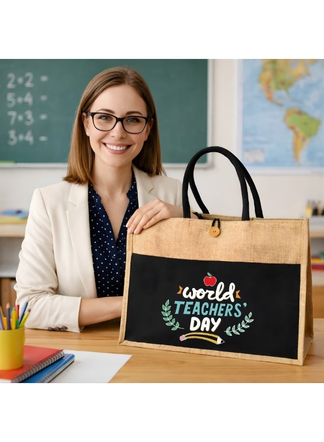 PRINTSHOP4ME Teachers Appreciation Eco-Friendly Jute Tote Bag for World Teachers Day - Reusable Grocery,Beach, and Daily Essentials Bag with Durable Handles - Ideal Teacher Gift - Image 2