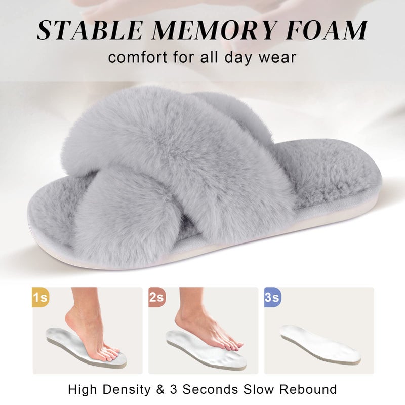 Parlovable Women's Fuzzy Slippers Comfy Cross Band House Shoes Memory Foam Open Toe Indoor Gifts for Ladies Grey 7-8 - Image 3
