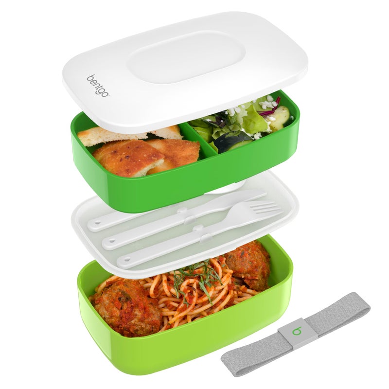 Bentgo Classic - Adult Bento Box, Stackable 3-Compartment Lunch Box with Removable Utensil Set and Sealing Strap, BPA-Free, Food Container Ideal for Meal Prep, Work, and On the Go (Green) - Image 1