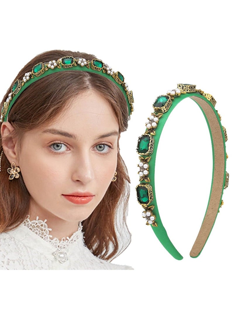 Excefore Thin Green Headbands for Women, Pearl Rhinestone Hairbands with Gold Leaf Emeralds Head Band Bejeweled Headbands 1 Pcs, ELEGANT - Image 1