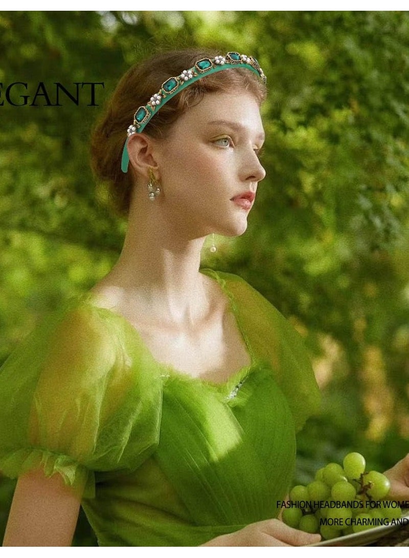 Excefore Thin Green Headbands for Women, Pearl Rhinestone Hairbands with Gold Leaf Emeralds Head Band Bejeweled Headbands 1 Pcs, ELEGANT - Image 5