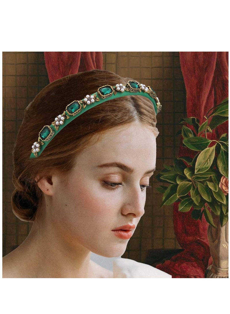 Excefore Thin Green Headbands for Women, Pearl Rhinestone Hairbands with Gold Leaf Emeralds Head Band Bejeweled Headbands 1 Pcs, ELEGANT - Image 4