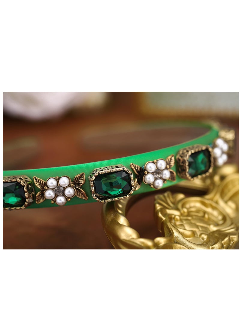 Excefore Thin Green Headbands for Women, Pearl Rhinestone Hairbands with Gold Leaf Emeralds Head Band Bejeweled Headbands 1 Pcs, ELEGANT - Image 3