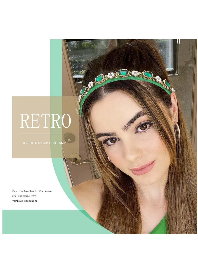 Excefore Thin Green Headbands for Women, Pearl Rhinestone Hairbands with Gold Leaf Emeralds Head Band Bejeweled Headbands 1 Pcs, ELEGANT - Image 2