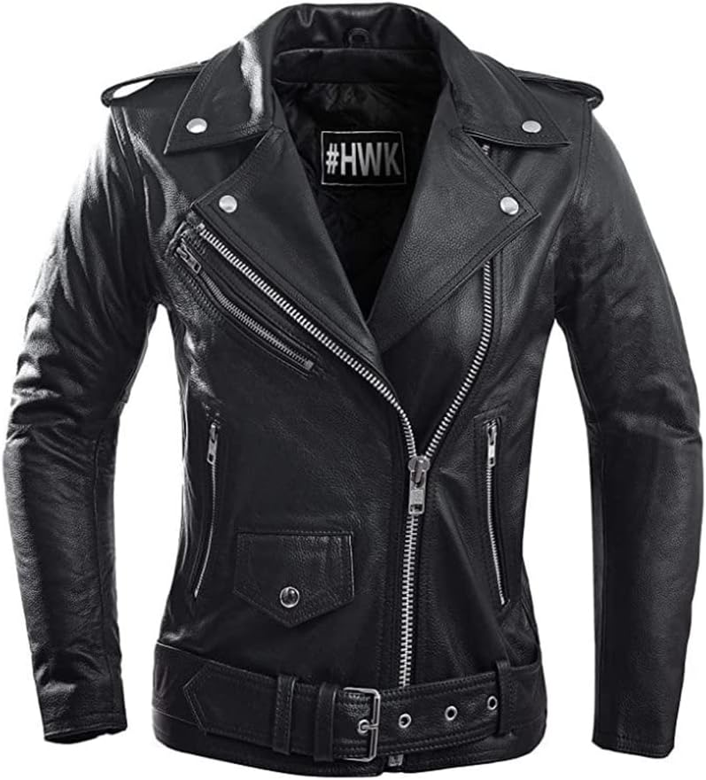 HWK Brando Leather Motorcycle Jacket for Women - Genuine Black Leather with Thermal Lining - Image 1