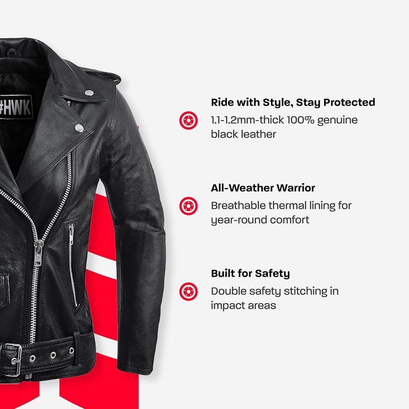 HWK Brando Leather Motorcycle Jacket for Women - Genuine Black Leather with Thermal Lining - Image 2
