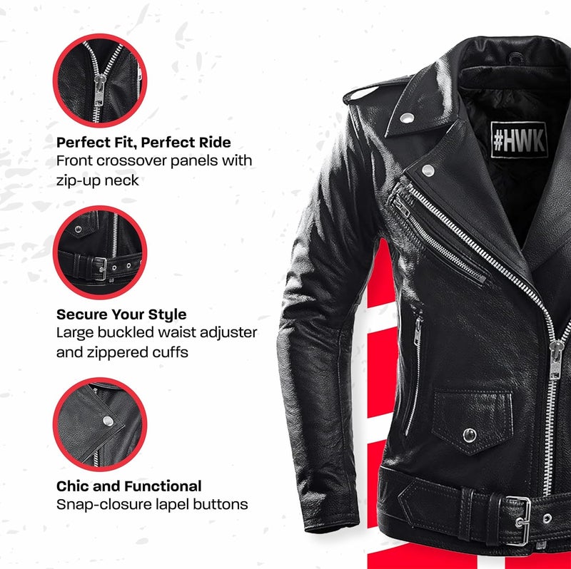 HWK Brando Leather Motorcycle Jacket for Women - Genuine Black Leather with Thermal Lining - Image 3