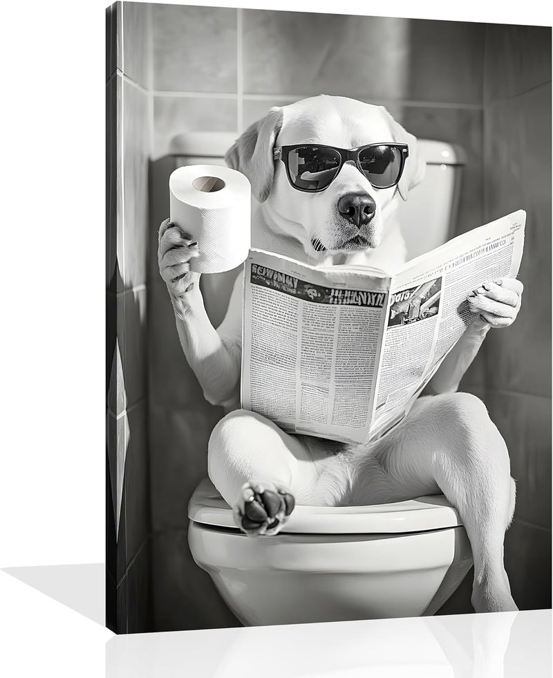 OWNANRTHM Funny Dog on Toilet Canvas Wall Art - Image 1