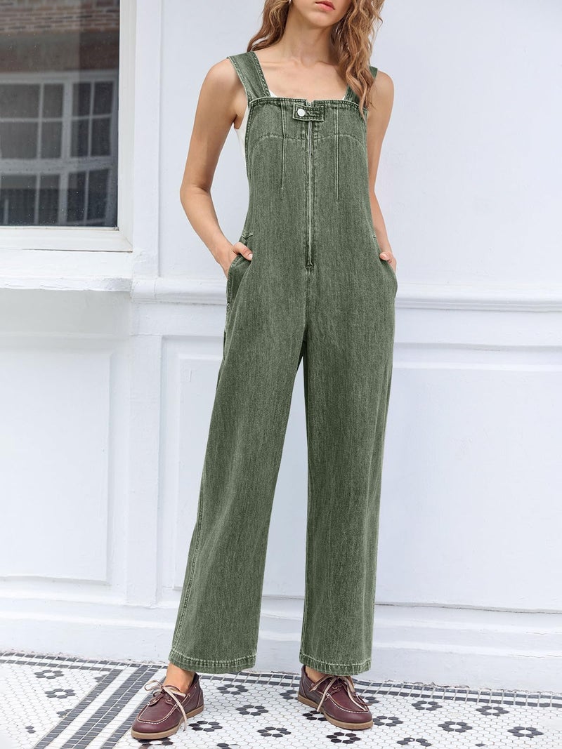 Cicy Bell Womens Casual Denim Bib Overalls Wide Leg Sleeveless Zipper Loose Jean Pants Jumpsuits with Pockets - Image 3