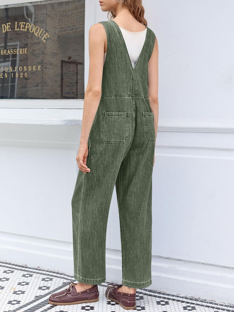 Cicy Bell Womens Casual Denim Bib Overalls Wide Leg Sleeveless Zipper Loose Jean Pants Jumpsuits with Pockets - Image 4