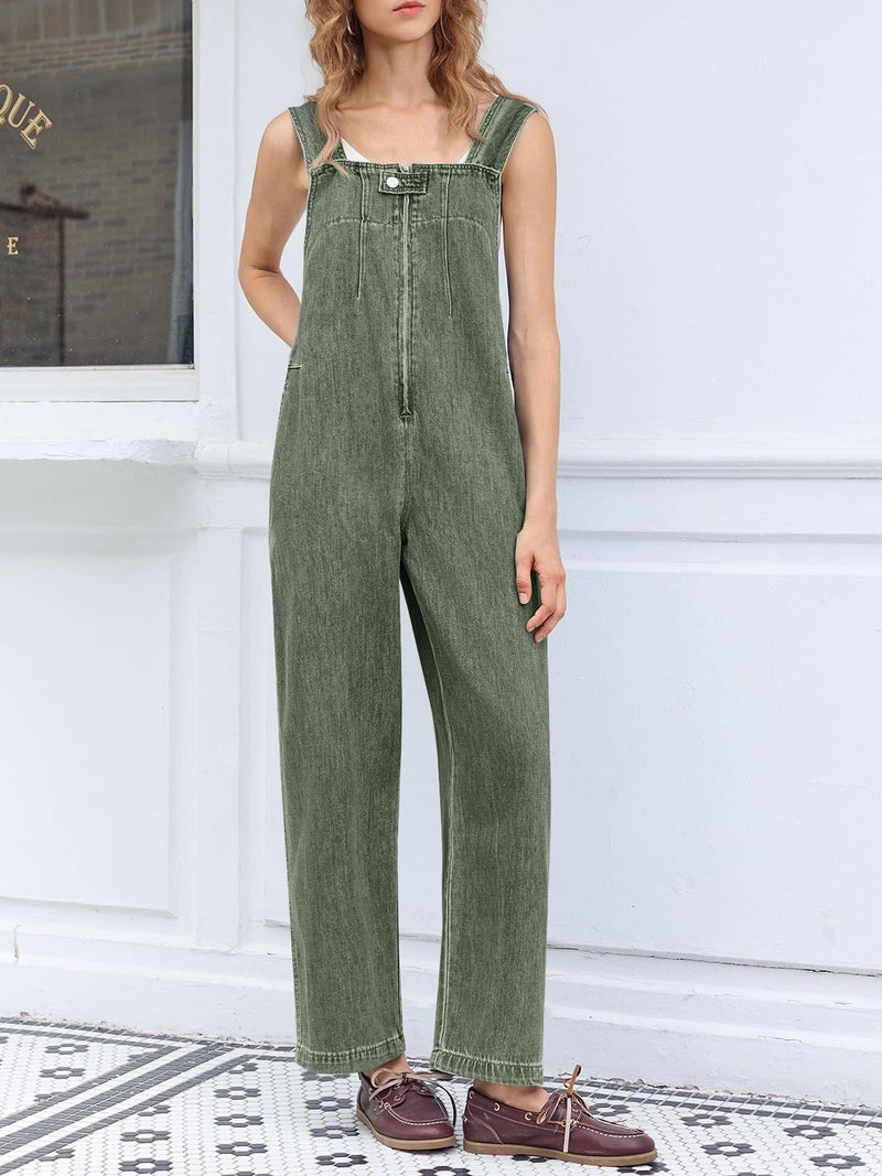 Cicy Bell Womens Casual Denim Bib Overalls Wide Leg Sleeveless Zipper Loose Jean Pants Jumpsuits with Pockets - Image 2