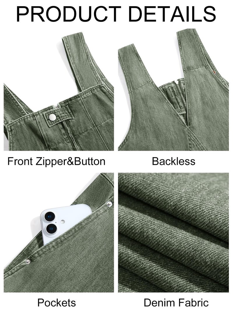 Cicy Bell Womens Casual Denim Bib Overalls Wide Leg Sleeveless Zipper Loose Jean Pants Jumpsuits with Pockets - Image 5