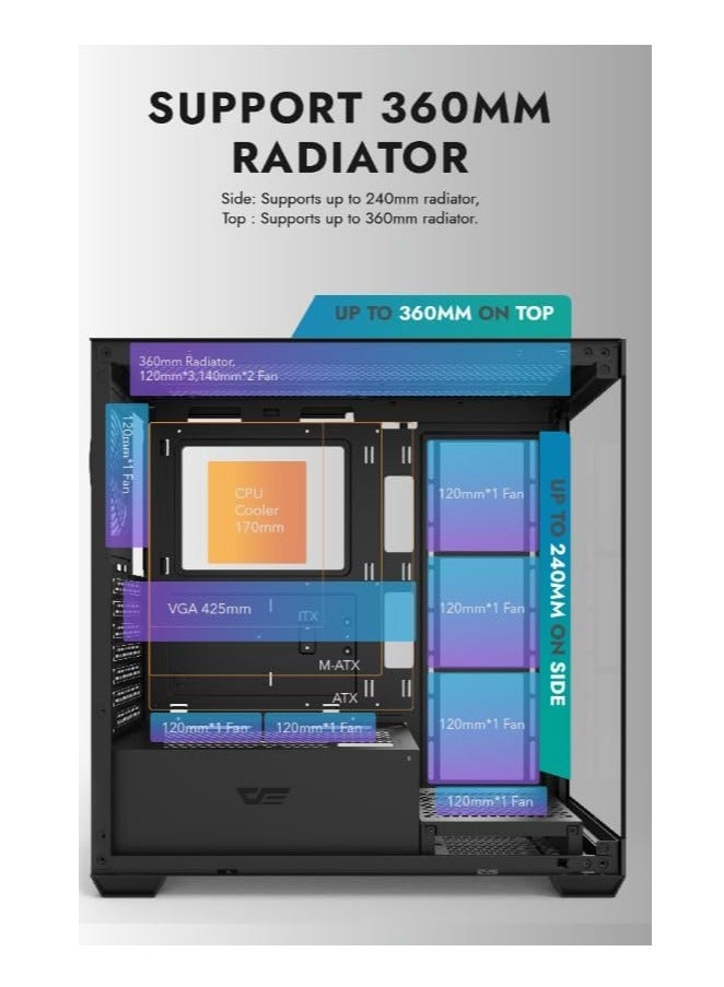 Aigo darkFlash DS900 ATX M-ATX ITX Gaming PC Case with 7 ARGB Fans Pre Installed, Tempered Glass Panels, Type-C Port, 0.5 SPCC Computer Case - Image 4