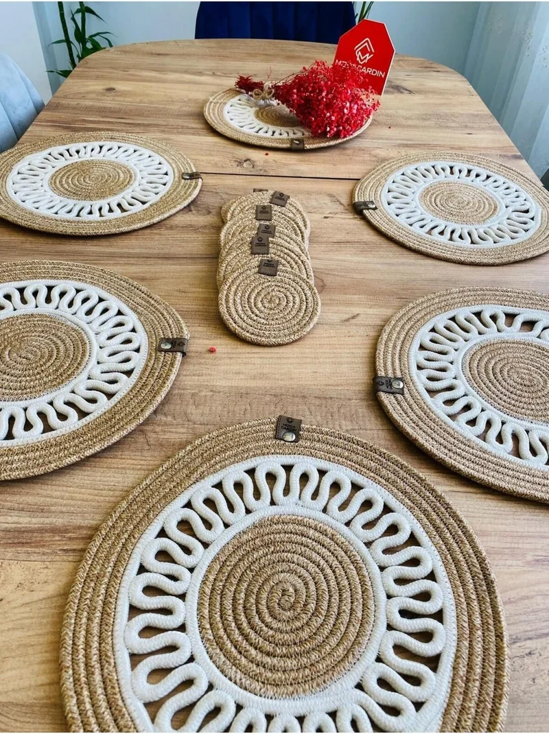 BDZ Deri BDZ Leather Jute Wicker American Service Plate and Coasters 12 Pieces