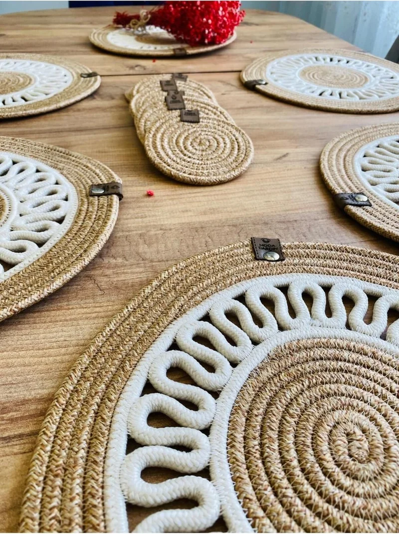 BDZ Deri BDZ Leather Jute Wicker American Service Plate and Coasters 12 Pieces