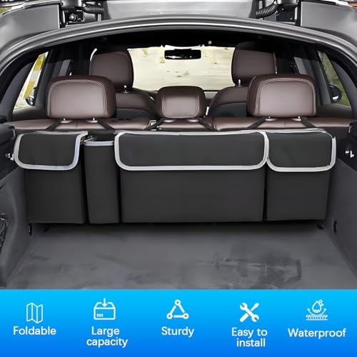 Ywdiml Car Trunk Organizer with Lid, Large Waterproof Vehicle Backseat Hanging Storage Bag with 4 Pockets & Adjustable Straps, Collapsible Automotive Interior Cargo Bag, Universal Fit (Black) - Image 3