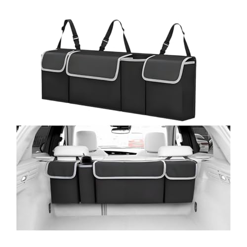 Ywdiml Car Trunk Organizer with Lid, Large Waterproof Vehicle Backseat Hanging Storage Bag with 4 Pockets & Adjustable Straps, Collapsible Automotive Interior Cargo Bag, Universal Fit (Black) - Image 1