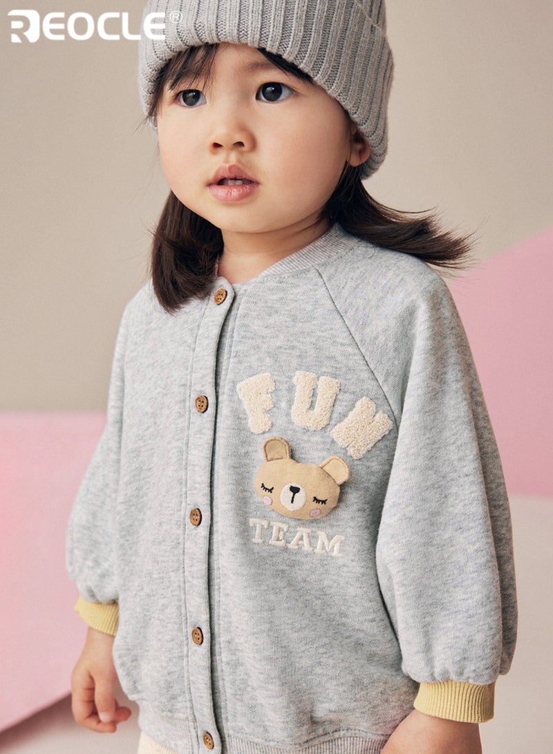 ريوكل سترة قطنية للبنات بتصميم دب ثلاثي الأبعاد مع تفاصيل تطريز رائعة - سترة أطفال مع ميزات زخرفية للارتداء غير الرسمي في الهواء الطلق - Image 4