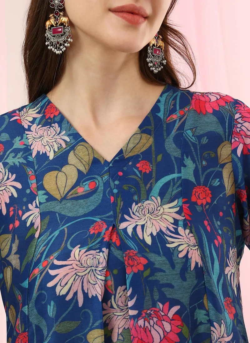 Globus  Globus Women Blue V-Neck All Over Floral Print Curved Hem A-Line Kurta with Pants Fusion Set for Women | Best Price UAE
