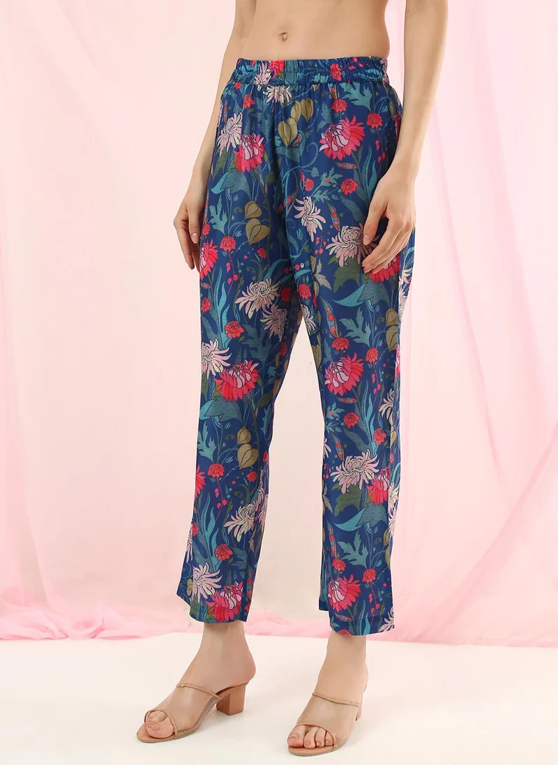Globus  Globus Women Blue V-Neck All Over Floral Print Curved Hem A-Line Kurta with Pants Fusion Set for Women | Best Price UAE