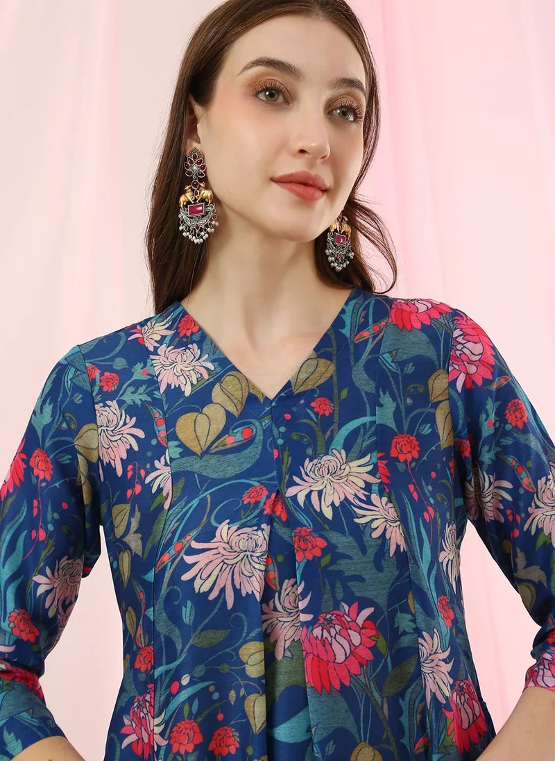 Globus  Globus Women Blue V-Neck All Over Floral Print Curved Hem A-Line Kurta with Pants Fusion Set for Women | Best Price UAE