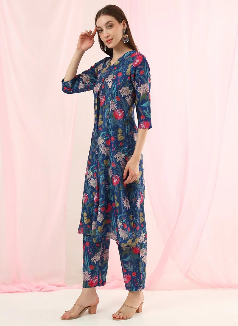 Globus  Globus Women Blue V-Neck All Over Floral Print Curved Hem A-Line Kurta with Pants Fusion Set for Women | Best Price UAE