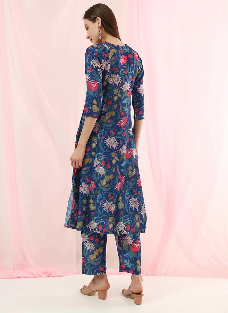 Globus  Globus Women Blue V-Neck All Over Floral Print Curved Hem A-Line Kurta with Pants Fusion Set for Women | Best Price UAE