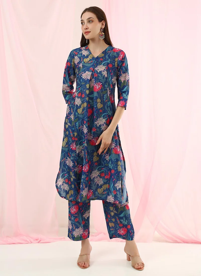 Globus Women Blue V-Neck All Over Floral Print Curved Hem A-Line Kurta with Pants Fusion Set