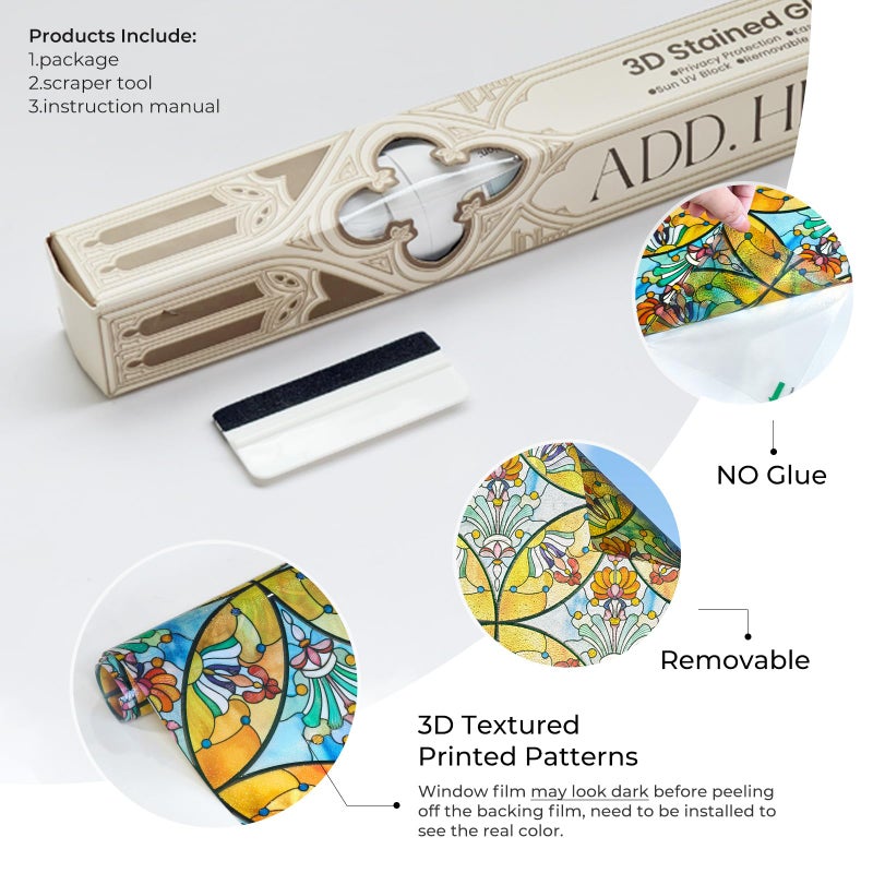 ADD.HERES 3D Stained Glass Window Film, Decorative Window Privacy Film for Bathroom,Front Door,Home, Sun Blocking Heat Control,Static Cling,Floral Sequence 23.6inch x 35.4inch - Image 2