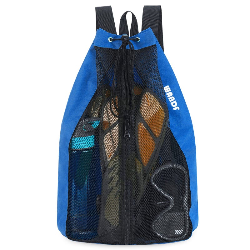 WANDF Swim Bag Mesh Drawstring Backpack Beach Backpack for Swimming, Gym, and Workout Gear(Navy blue.) - Image 1