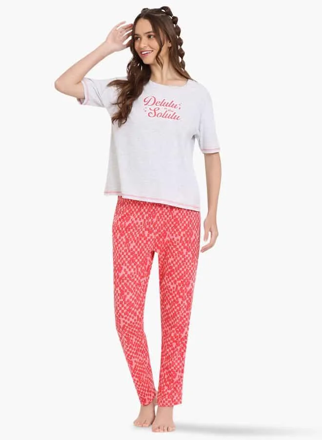 zivame Zivame Printed Round Neck T-shirt and Pyjama Set