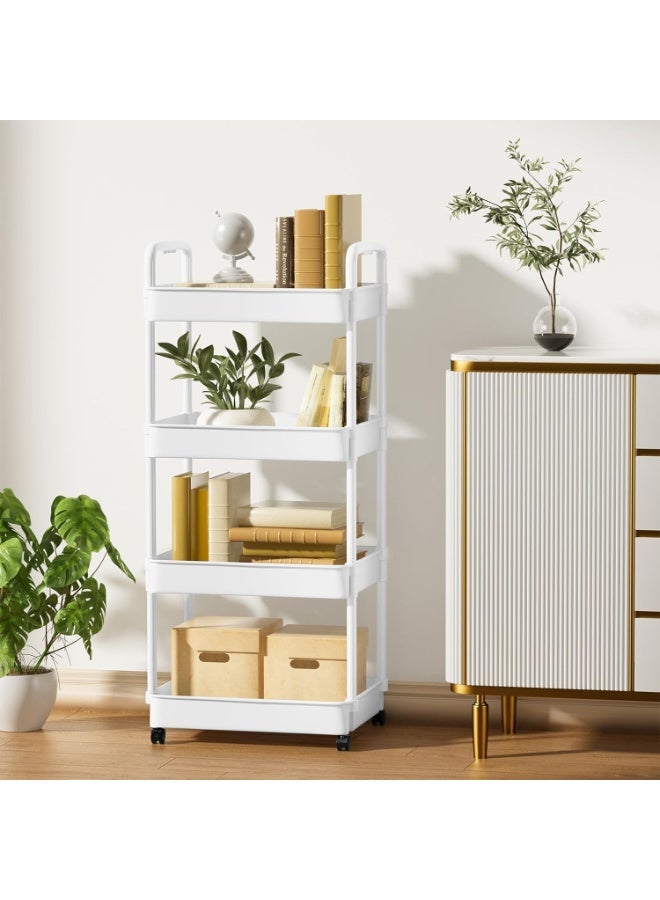 4-Tier Rolling Storage Cart with Lockable Wheels & Handle | Multipurpose Organizer for Kitchen, Bathroom, Laundry | Mobile Shelving Unit (White) - Image 2
