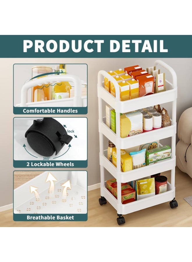 4-Tier Rolling Storage Cart with Lockable Wheels & Handle | Multipurpose Organizer for Kitchen, Bathroom, Laundry | Mobile Shelving Unit (White) - Image 5