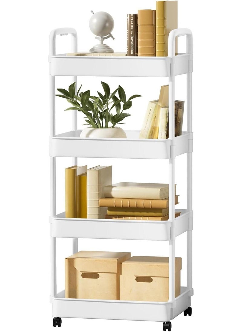 4-Tier Rolling Storage Cart with Lockable Wheels & Handle | Multipurpose Organizer for Kitchen, Bathroom, Laundry | Mobile Shelving Unit (White) - Image 1