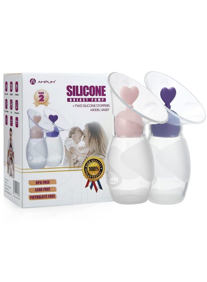 Amplim مجموعة 2 من جامع حليب الثدي السيليكوني Gen2؛ مضخات حليب يدوية للسفر من الدرجة الغذائية مع 2 سدادات للرضاعة؛ مؤهلة لـ FSA و HSA خالية من BPA و PVC و الرصاص و الفثالات؛ 4 أونصات/100 مل باللون الوردي/الأرجواني - Image 2