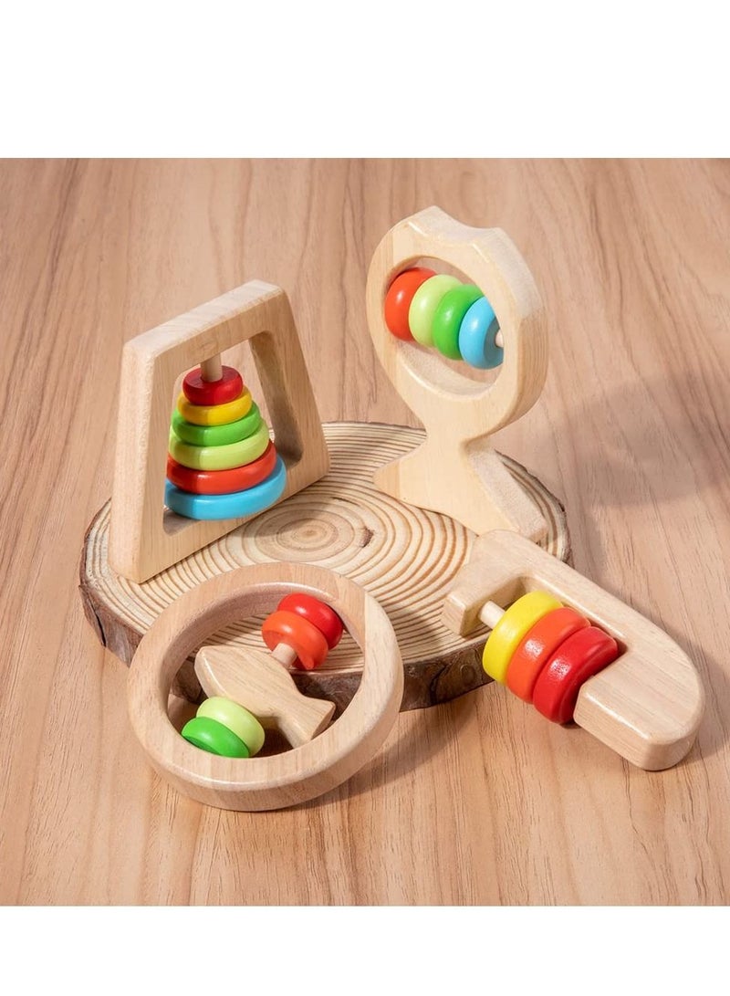 Excefore Baby Wooden Rattle Toy Set, 4Pcs Rainbow Color Shaker Bell Set, Infant Rattle Sensory Development Wooden Toys Set for Baby, Toddler - Image 4