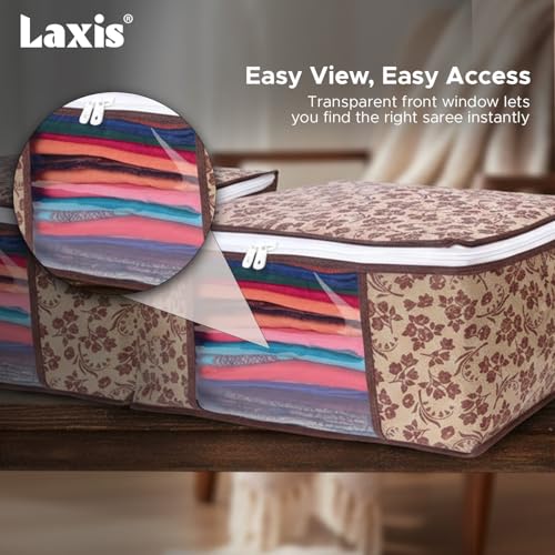 LAXIS® Saree Covers With Zip Non-Woven Printed Saree Cover/Saree Organizer For Wardrobe/Cloth Storage/Organizer With Transparent Window/Saree Bags Storage/Clothes (Brown- Pack of 12) - Image 4