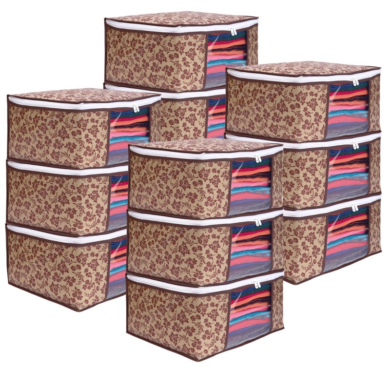 LAXIS® Saree Covers With Zip Non-Woven Printed Saree Cover/Saree Organizer For Wardrobe/Cloth Storage/Organizer With Transparent Window/Saree Bags Storage/Clothes (Brown- Pack of 12) - Image 1