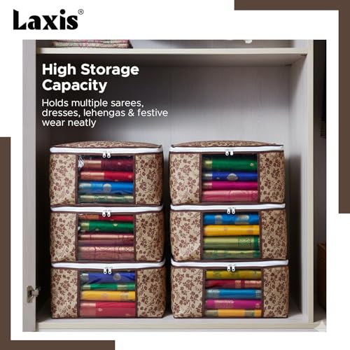 LAXIS® Saree Covers With Zip Non-Woven Printed Saree Cover/Saree Organizer For Wardrobe/Cloth Storage/Organizer With Transparent Window/Saree Bags Storage/Clothes (Brown- Pack of 12) - Image 5