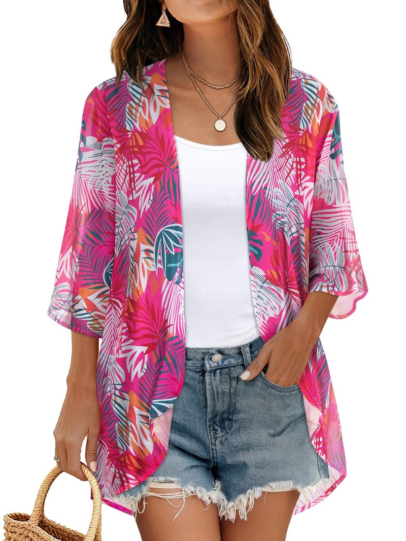 CHICGAL Women's Floral Kimono Print Puff Sleeve Loose Cardigan Cover Up Casual Blouse Tops (Rose Red Leaves, L) - Image 1