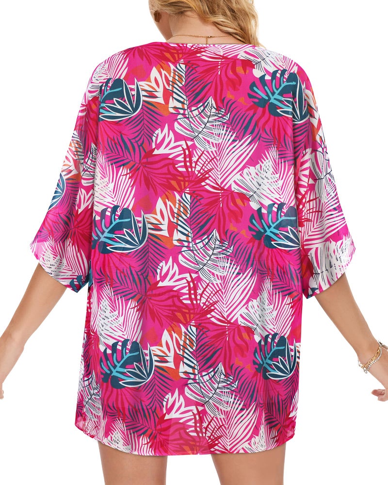 CHICGAL Women's Floral Kimono Print Puff Sleeve Loose Cardigan Cover Up Casual Blouse Tops (Rose Red Leaves, L) - Image 5