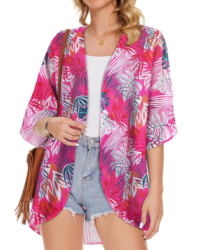 CHICGAL Women's Floral Kimono Print Puff Sleeve Loose Cardigan Cover Up Casual Blouse Tops (Rose Red Leaves, L) - Image 3
