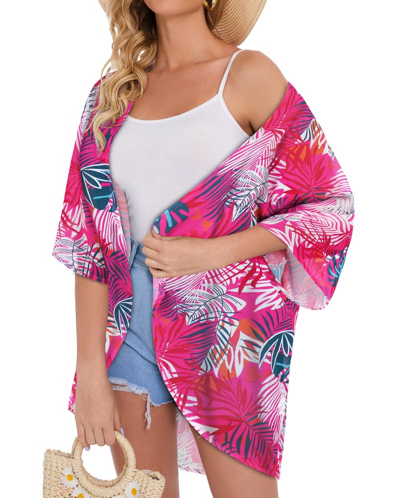 CHICGAL Women's Floral Kimono Print Puff Sleeve Loose Cardigan Cover Up Casual Blouse Tops (Rose Red Leaves, L) - Image 4
