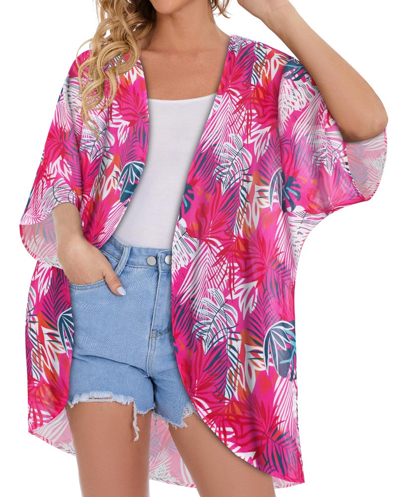 CHICGAL Women's Floral Kimono Print Puff Sleeve Loose Cardigan Cover Up Casual Blouse Tops (Rose Red Leaves, L) - Image 2