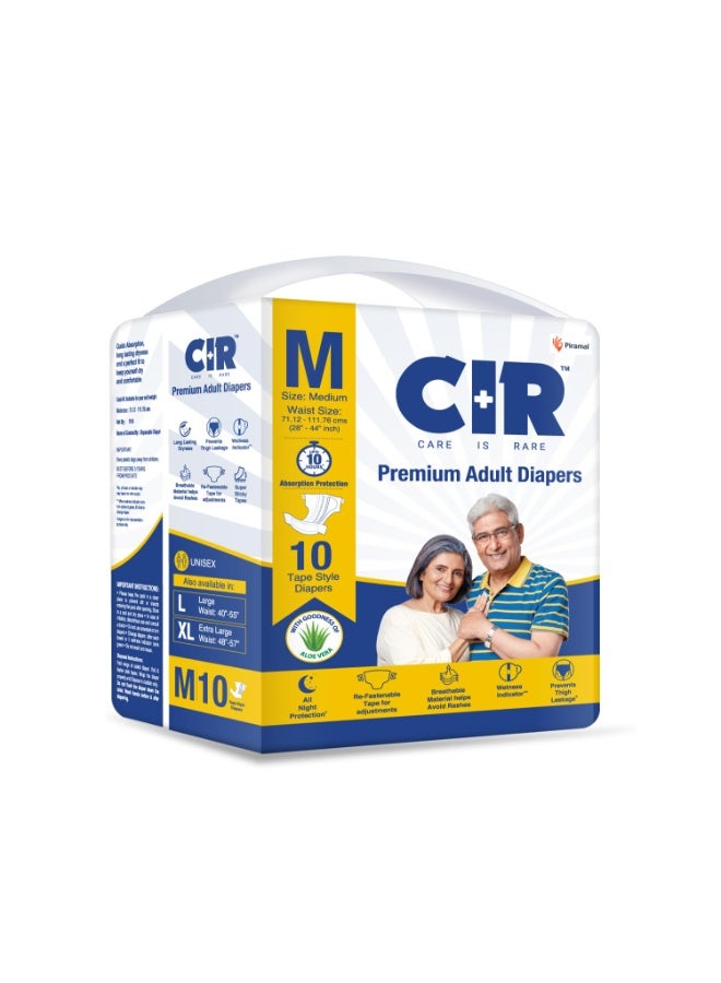 CIR Premium Adult Diaper - Tape Style | All Night Protection with Aloe Vera | Medium (M) Size | Waist | 10 Units