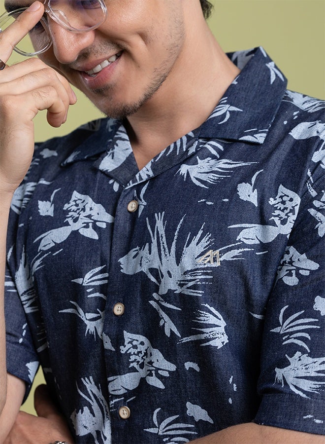 Mannerism The Ocean Print Navy Denim Shirt with Vintage Wash Character Comfort Fit - Image 5