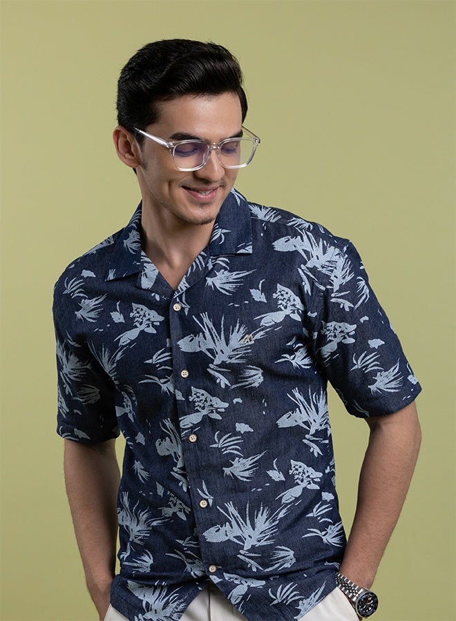 Mannerism The Ocean Print Navy Denim Shirt with Vintage Wash Character Comfort Fit - Image 4
