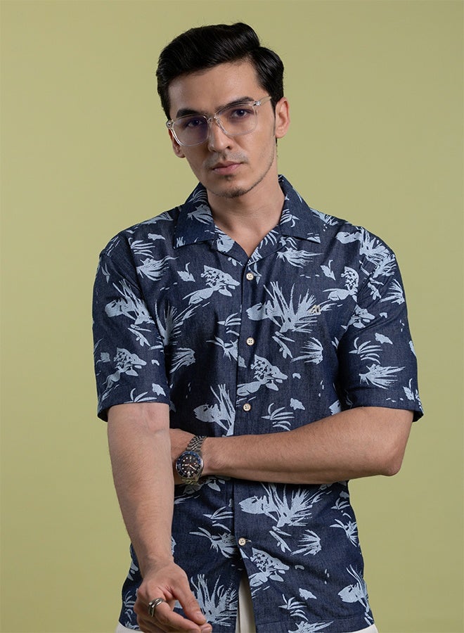 Mannerism The Ocean Print Navy Denim Shirt with Vintage Wash Character Comfort Fit - Image 3