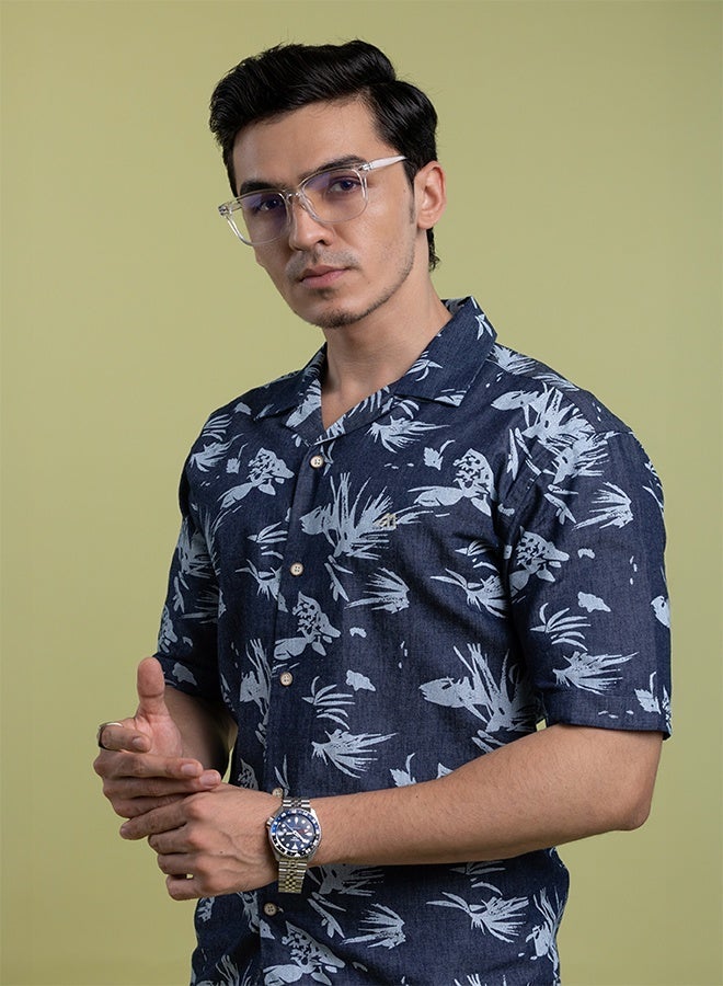 Mannerism The Ocean Print Navy Denim Shirt with Vintage Wash Character Comfort Fit - Image 1