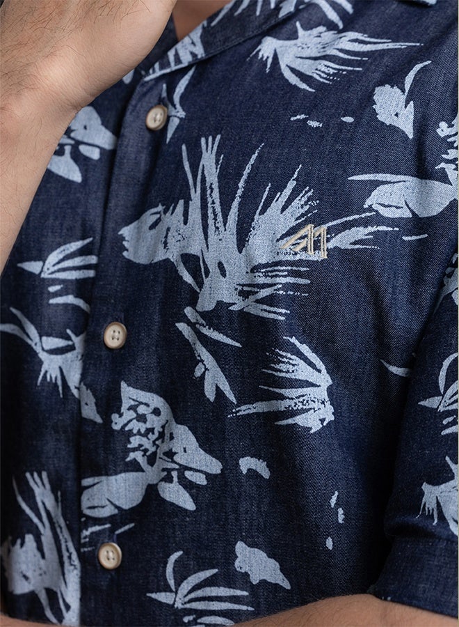 Mannerism The Ocean Print Navy Denim Shirt with Vintage Wash Character Comfort Fit - Image 2